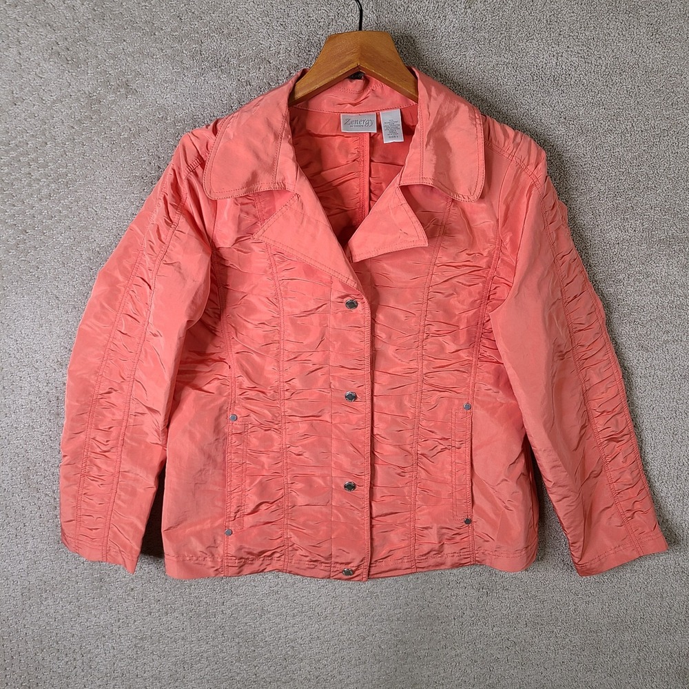 Chicos Zenergy Jacket Womens 1 (US M) Pink Ruffle Button Front Polyester Nylon